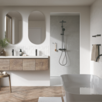 Foto van een moderne badkamer met een betegelde inloopdouche zonder deur en een glazen wand.